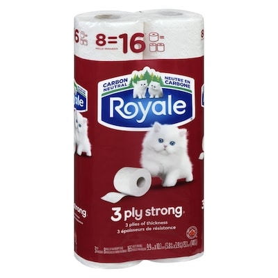 Royale 3 Ply Strong papier hygiénique, 8 équivaut à 16 rouleaux, 165 feuilles / roul 8 ea, 0,63 $/1ch
