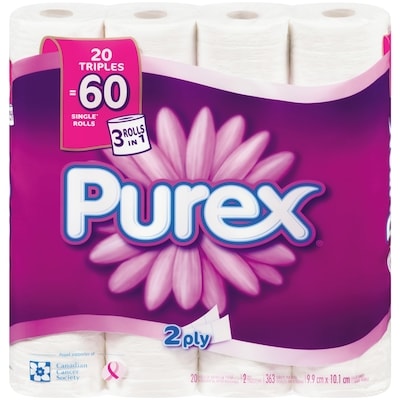 Purex Bathroom Tissue, Soft & Thick Toilet Paper, 20 Double Rolls = 60 Single Rolls 20 ea, $1.20/1ea