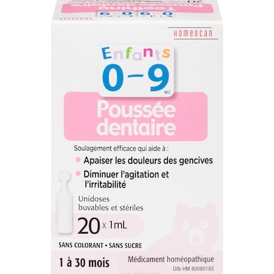 Homeocan Kids 0-9 médicament homéopathique pour la dentition des enfants, doses en unités stériles et buvables, 1 à 30 mois 1 ea, 9,99 $/1ch