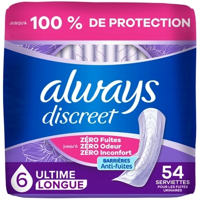Always Serviettes d’incontinence, degré d’absorption suprême, longues, 54 serviettes 54 ea, 0,63 $/1ch