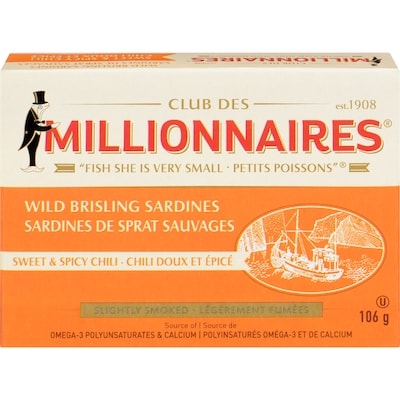 Millionnaires sardines sucrées et épicées au chili 106 g, 3,29 $/100g