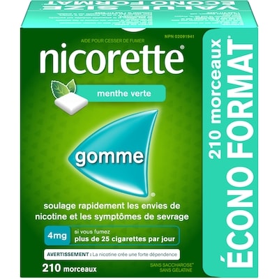 Nicorette Gomme, Nicotine à 4 mg, Menthe verte 210 ea, 0,35 $/1ch