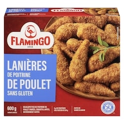 Flamingo Lanières d’escalope de poitrine de poulet panée entièrement cuite, sans gluten 600 g, 2,17 $/100g