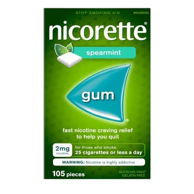 Nicorette Gomme à 2 mg de nicotine, saveur de menthe verte, aide antitabagique, aide pour cesser de fumer, 105 morceaux 105 ea, 0,42 $/1ch