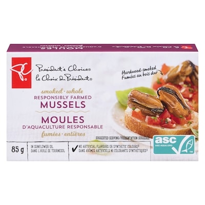 President's Choice Smoked Whole Responsibly Farmed Mussels In Sunflower Oil 85 g, $2.93/100g