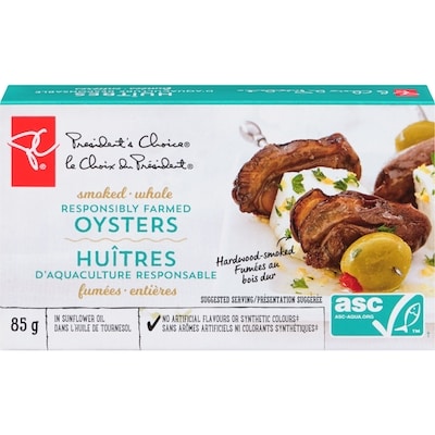President's Choice Smoked Whole Responsibly Farmed Oysters In Sunflower Oil 85 g, $2.93/100g