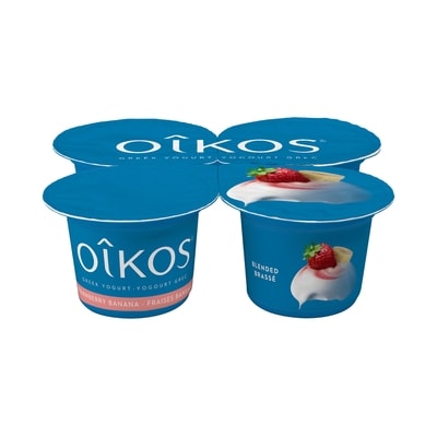 Oikos Greek Yogurt, Strawberry Banana, 2% M.F. 4x100.0 g, $1.25/100g