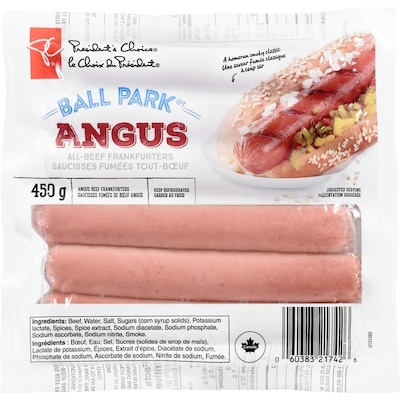 President's Choice Angus Ballpark Franks 450 g, $2.22/100g