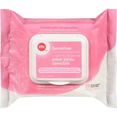 Life Lingettes nettoyantes pour le visage peau sensible, eau de rose, hamamélis et hyaluronate de sodium 25 ea, 0,16 $/1ch