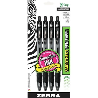 Zebra Stylo à encre noire Z-Grip, paq de 4 4x1.0 ea, 1,00 $/1ch