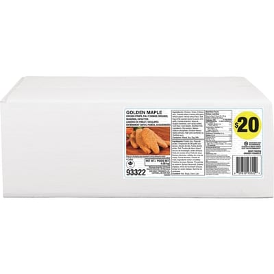 Golden Maple Chicken Strips, Fully Cooked   2x2.0 kg, $0.55/100g