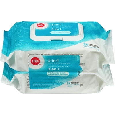 Life Lingettes nettoyantes 3-en-1 pour le visage, extrait de concombre 112 ea, 0,11 $/1ch