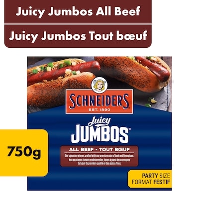 Schneiders Juicy Jumbos All Beef Hot Dogs Family Pack 750 g, $2.13/100g