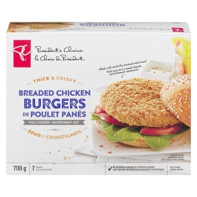 le Choix du Président Burgers de poulet panés épais et croustillants, entièrement cuits 700 g, 1,00 $/100g