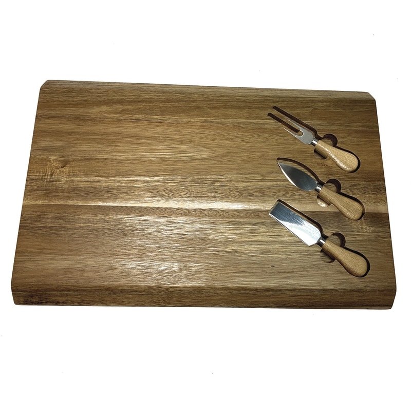 Set of 4 Acacia Wood Cutting Board and Cheese Knives