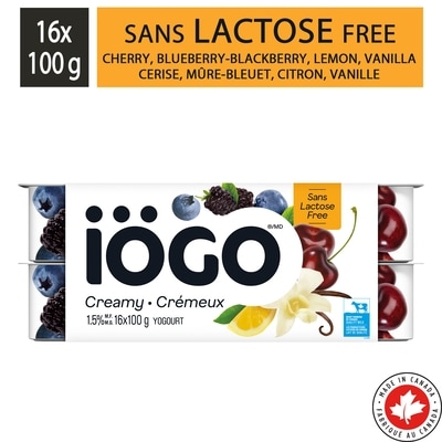 IOGO Cherry Lemon Blackberry-Blueberry Vanilla Lactose-Free Yogurt Cups 1.5% 16x100.0 g, $0.41/100g
