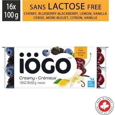 IOGO Cherry Lemon Blackberry-Blueberry Vanilla Lactose-Free Yogurt Cups 1.5% 16x100.0 g, $0.62/100g