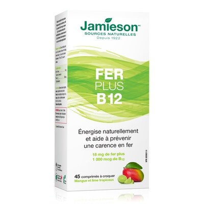 Jamieson Fer + Vitamine B12 à croquer, Mangue et lime tropiqaux 45 ea, 0,44 $/1ch
