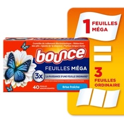 Bounce Feuilles assouplissantes méga WrinkleGuard, assouplissant textile et feuilles défroissantes, parfum Fraîcheur de grand air, 40 unités 40 ea, 0,13 $/1ch