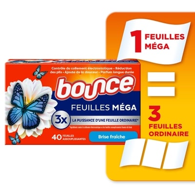 Bounce Feuilles assouplissantes méga WrinkleGuard, assouplissant textile et feuilles défroissantes, parfum Fraîcheur de grand air, 40 unités 40 ea, 0,18 $/1ch