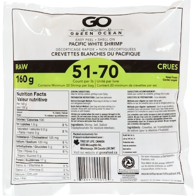 Green Ocean Go Raw White Shrimp 51/70 160 g, $2.37/100g