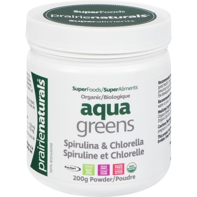 Prairienaturals Poudre de spiruline et de chlorelle biologiques Aqua Greens 200 g, 25,00 $/100g