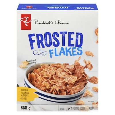President's Choice Frosted Flakes Cereal 650 g, $0.92/100g