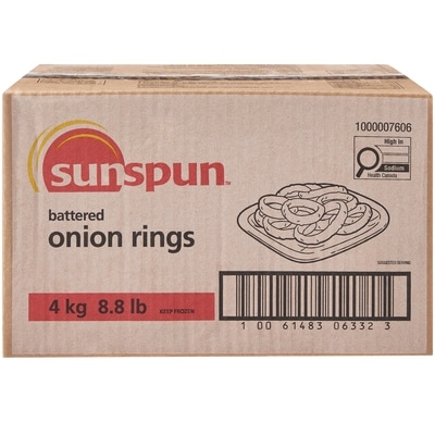 Sunspun Battered Onion Rings 4 kg, $0.80/100g