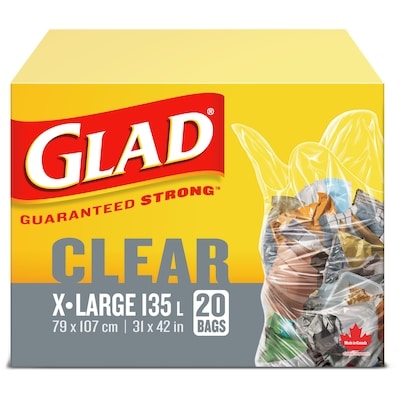 Glad Très grands sacs à ordures transparents, sacs à ordures de 135 L 20 ea, 0,55 $/1ch