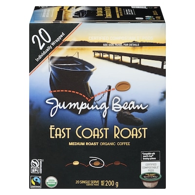 Jumping Bean Coffee, Organic  Medium Roast East Coast Roast 20 Single Serve  Pods 200 g, $9.50/100g