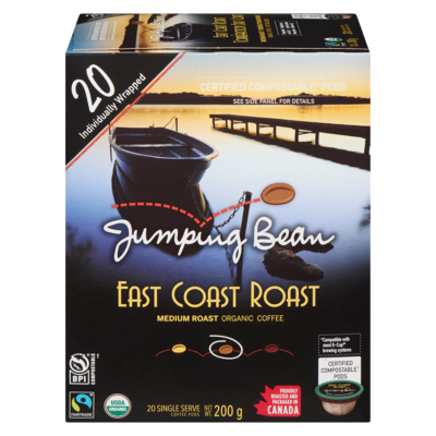 Jumping Bean Coffee, Organic Medium Roast East Coast Roast 20 Single Serve Pods 200 g, $9.50/100g