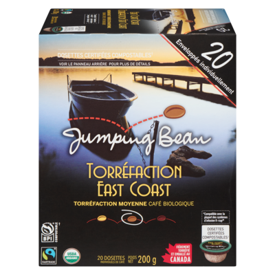 Jumping Bean Café biologique torréfaction moyenne East Coast Roast 20 cartouches individuelles 200 g, 9,50 $/100g