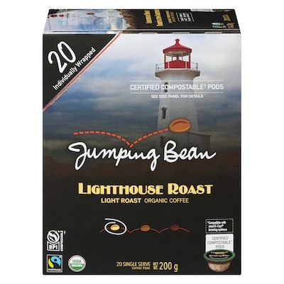 Jumping Bean Coffee, Organic Light Roast Lighthouse Roast 20 Single Serve Pods 200 g, $9.50/100g