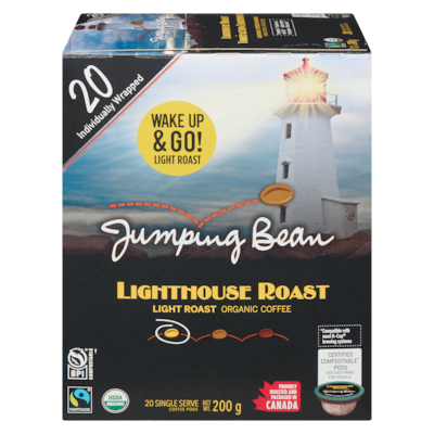 Jumping Bean Coffee, Organic Light Roast Lighthouse Roast 20 Single Serve Pods 200 g, $9.50/100g