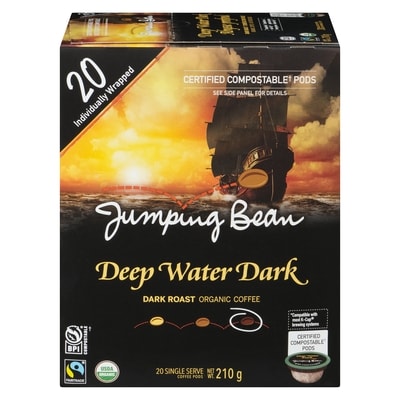 Jumping Bean Coffee, Organic  Dark Roast Deep Water Dark 20 Single Serve  Pods 200 g, $9.50/100g