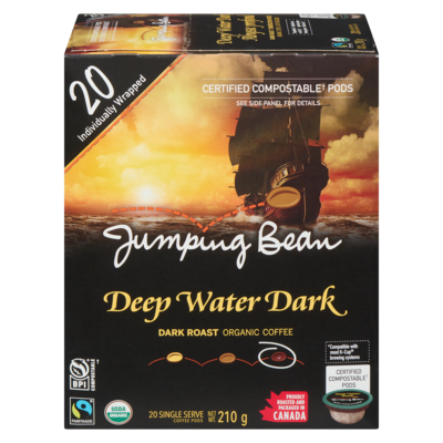 Jumping Bean Coffee, Organic Dark Roast Deep Water Dark 20 Single Serve Pods 200 g, $9.50/100g