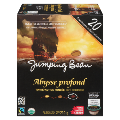 Jumping Bean Café biologique torréfaction foncée Deep Water Dark 20 cartouches individuelles 200 g, 9,50 $/100g