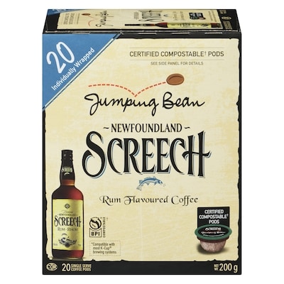 Jumping Bean Rum Flavoured Coffee Newfoundland Screech 20 Single Serve Coffee Pods 200 g, $8.00/100g