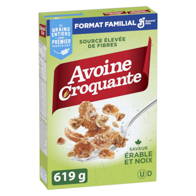 General Mills Avoine Croquante Saveur Erable et Noix,Céréales Pour le Petit-Déjeuner Riche en Fibres, Grains Entiers, Format Familial 619 g, 1,29 $/100g