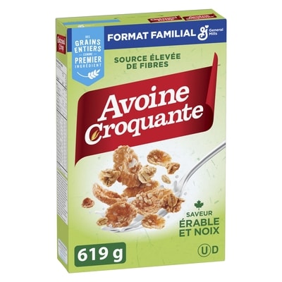 General Mills Avoine Croquante Saveur Erable et Noix,Céréales Pour le Petit-Déjeuner Riche en Fibres, Grains Entiers, Format Familial 619 g, 1,29 $/100g