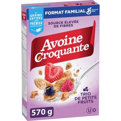 General Mills Avoine Croquante Trio de Petits Fruits, Céréales Pour le Petit-Déjeuner Riche en Fibres, Grains Entiers 570 g, 1,40 $/100g