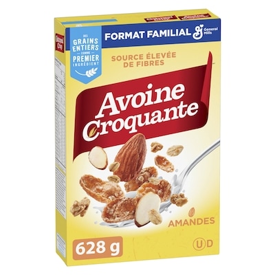 General Mills Avoine Croquante aux Amandes, Céréales Pour le Petit-Déjeuner Riche en Fibres,Grains Entiers, Format Familial 628 g, 1,43 $/100g