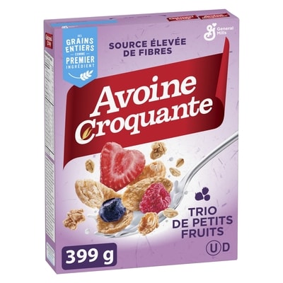 General Mills Avoine Croquante Trio de Petits Fruits, Céréales Pour le Petit-Déjeuner Riche en Fibres, Grains Entiers 399 g, 1,50 $/100g