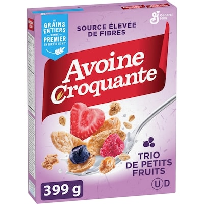 General Mills Avoine Croquante Trio de Petits Fruits, Céréales Pour le Petit-Déjeuner Riche en Fibres, Grains Entiers 399 g, 1,50 $/100g