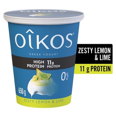 Oikos Greek Yogurt, Zesty Lemon & Lime, High Protein, Blended, 0% M.F. 650 g, $1.23/100g