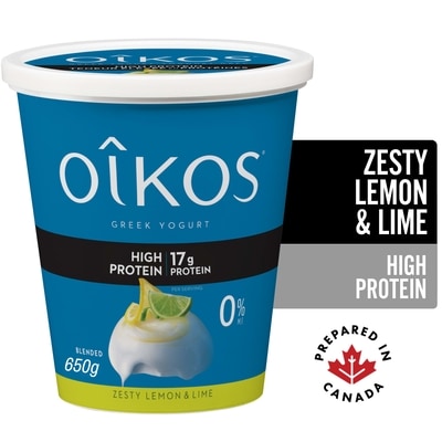 Oikos Greek Yogurt, Zesty Lemon & Lime, High Protein, Blended, 0% M.F. 650 g, $1.08/100g