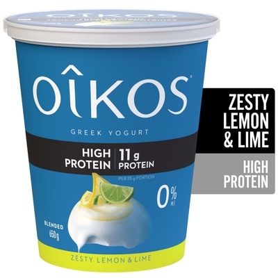 Oikos Greek Yogurt, Zesty Lemon & Lime, High Protein, Blended, 0% M.F. 650 g, $1.35/100g