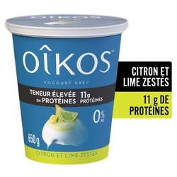 Oikos Yogourt grec,teneur élevée en protéines, citron et lime zestés, brassé 650 g, 1,23 $/100g