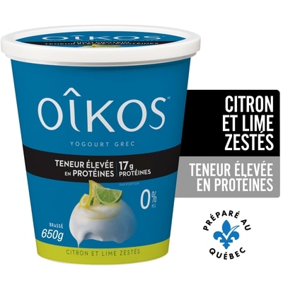 Oikos Yogourt Grec, Teneur Élevée En Protéines, Citron et lime zestés, Brassé 650 g, 1,15 $/100g