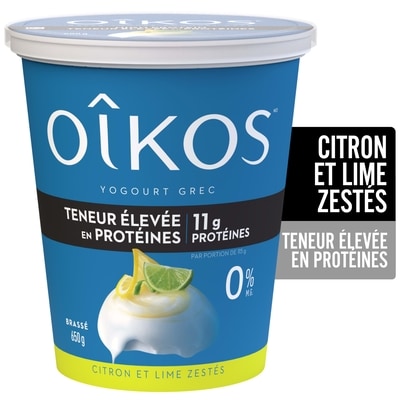 Oikos Yogourt grec,teneur élevée en protéines, citron et lime zestés, brassé 650 g, 1,15 $/100g